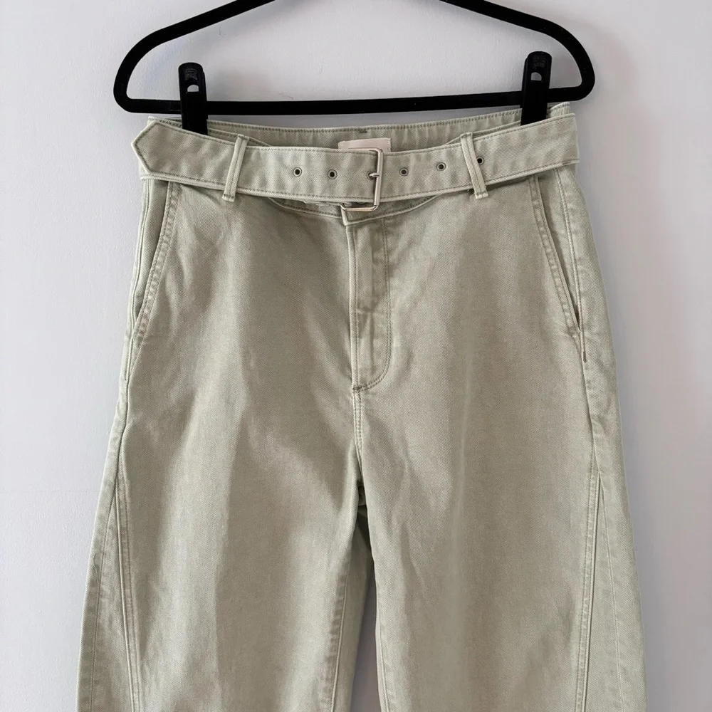 EUC Driftwood Spencer Barrel Leg Pants Jeans Denim Belted Structured Green Sz 28